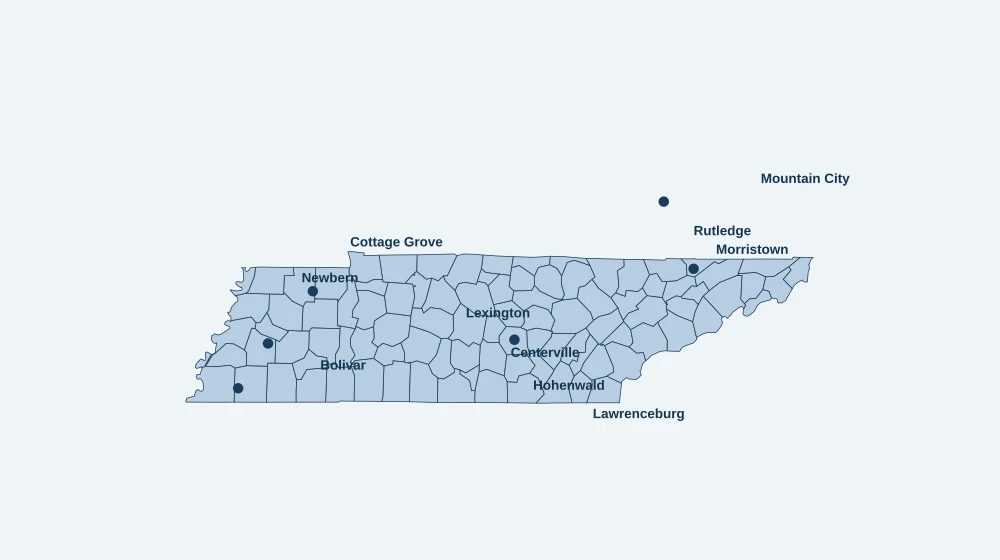 Tennessee land service area map with county boundaries and city labels